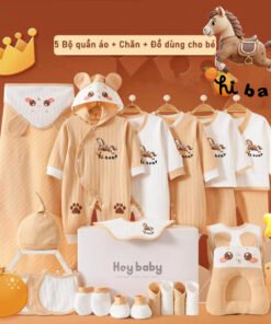 Hey Baby [Quà tặng] Set đồ sơ sinh quà tặng trọn bộ 26 món Cotton cao cấp hoạt tiết rắn cà phê xinh xắn cho bé _SQT03