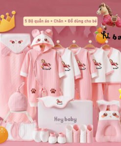 Set đồ sơ sinh quà tặng trọn bộ 26 món Cotton cao cấp hoạt tiết ngựa hồng xinh xắn cho bé -SQT04