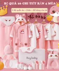 Hey Baby [Quà tặng] Set đồ sơ sinh quà tặng trọn bộ 26 món Cotton cao cấp hoạt tiết rắn hồng xinh xắn cho bé -SQT04