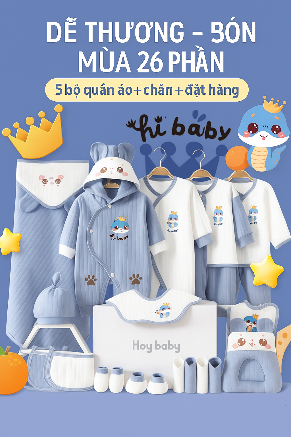 Hey Baby [Quà tặng] Set đồ sơ sinh 26 món Cotton cao cấp hoạt tiết rắn xanh xinh xắn cho bé