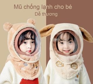 Mũ len lông cừu trùm đầu chống gió, kèm kính chống bụi giữ ấm cho bé -MU01