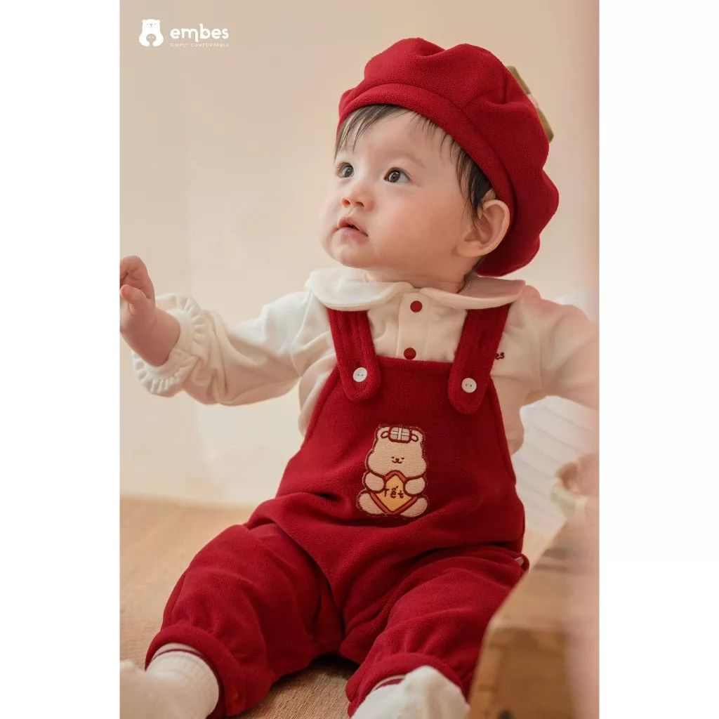 Set Quần Yếm Embes Kèm Mũ và Áo Dài Tay Em Bé Đón Tết